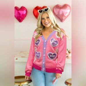 Grace + Emma Pink XOXO Heart Sequin Cardigan Sweater | L/XL | NWT